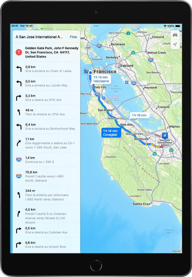 Indicazioni passo passo e una mappa che mostra due itinerari in auto dal Golden Gate Park all'aeroporto internazionale di San Jose. L'itinerario suggerito è selezionato.