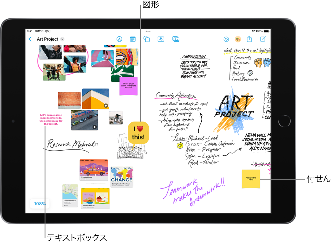 「フリーボード」のボード。描画、テキストボックス、ビデオ、写真、付せんなどが表示されています。