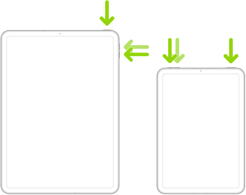 2つの異なるiPadモデルの図。画面は上を向いています。左の図では、デバイスの右側にある音量を上げる/音量を下げるボタンを示しています。トップボタンは右端付近にあります。右の図では、デバイス上部の左端付近にある音量を上げる/音量を下げるボタンを示しています。トップボタンは右端付近にあります。