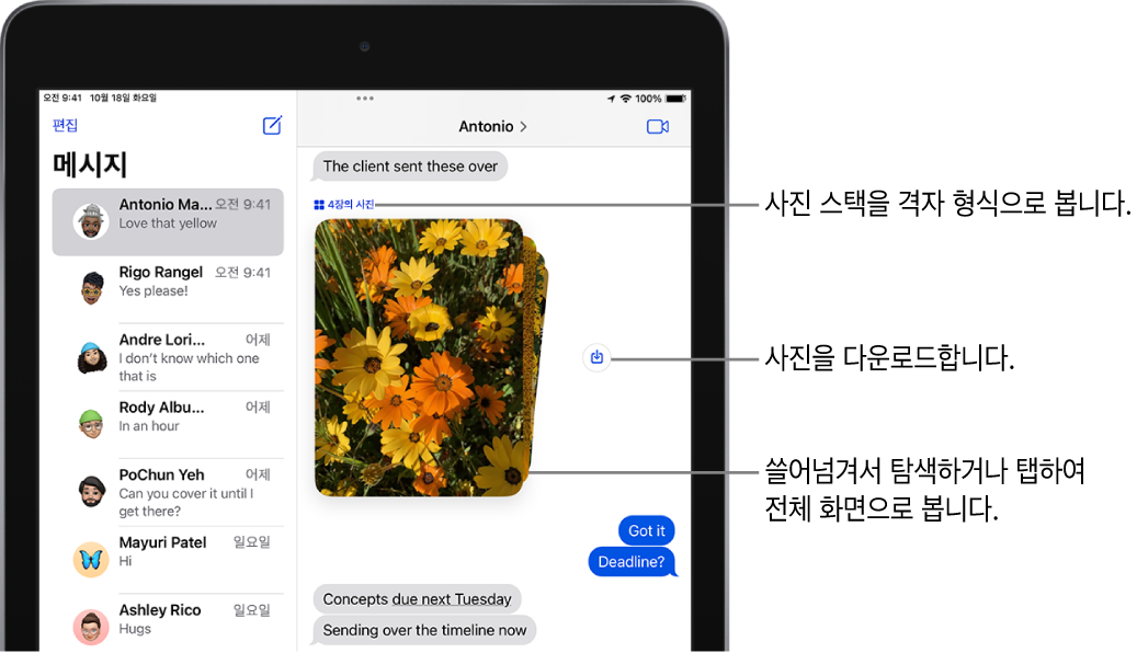 저장 버튼 옆에 사람들과 꽃 사진 모음을 포함하는 메시지 앱의 대화.