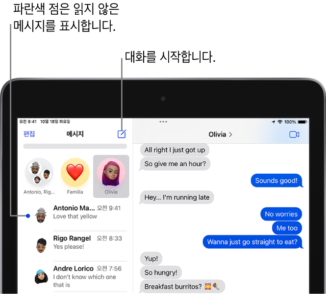 왼쪽 상단에 편집 버튼, 오른쪽 상단에 FaceTime으로 전환 버튼이 있는 메시지 목록. 메시지 왼쪽의 파란색 점은 읽지 않았음을 나타냅니다.