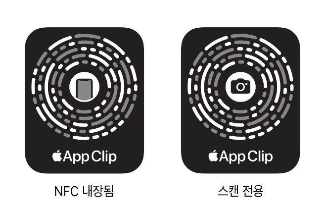 왼쪽에 NFC 내장 앱 클립 코드가 있고 중앙에 iPhone 아이콘이 있음. 오른쪽에 스캔 전용 앱 클립 코드가 있고 중앙에 카메라 아이콘이 있음.