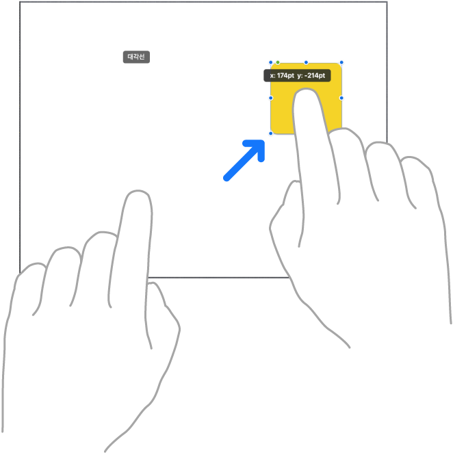 Freeform에서 직선으로 항목을 옮기는 두 손가락을 표시하는 그림.