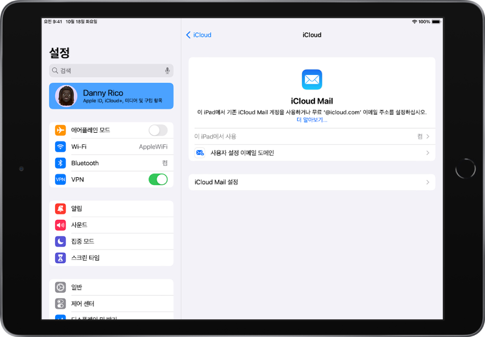 iCloud Mail 화면에 설정 앱이 열려 있고 ‘이 iPad에서 사용’이 켜져 있음. 그 아래에는 사용자 설정 이메일 도메인 설정 및 iCloud Mail 설정 옵션이 있음.