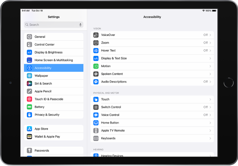 Ekranas „iPad Settings“. Kairėje ekrano pusėje yra šoninė juosta „Settings“, pasirinkta parinktis „Accessibility“. Dešinėje ekrano pusėje yra „Accessibility“ individualizavimo parinktys.