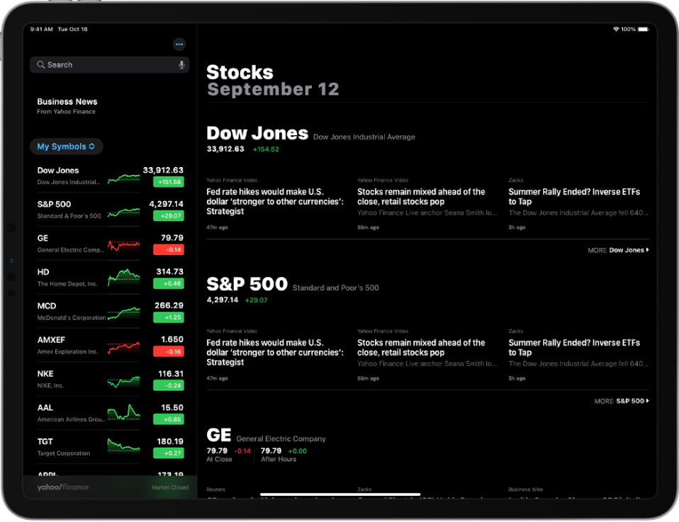 „Stocks“ ekranas horizontalioje padėtyje. Paieškos laukas yra viršutiniame kairiajame kampe. Po paieškos lauku pateiktas stebėjimo sąrašas. Su akcijomis susijusios populiariausios istorijos stebėjimo sąraše užpildo likusią ekrano dalį.