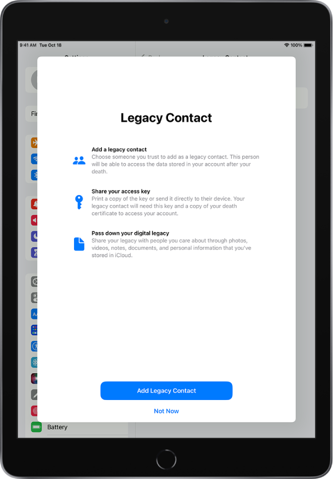 Ekranas „Legacy Contact“ su informacija apie funkciją. Mygtukas „Add Legacy Contact“ pateiktas apačioje.