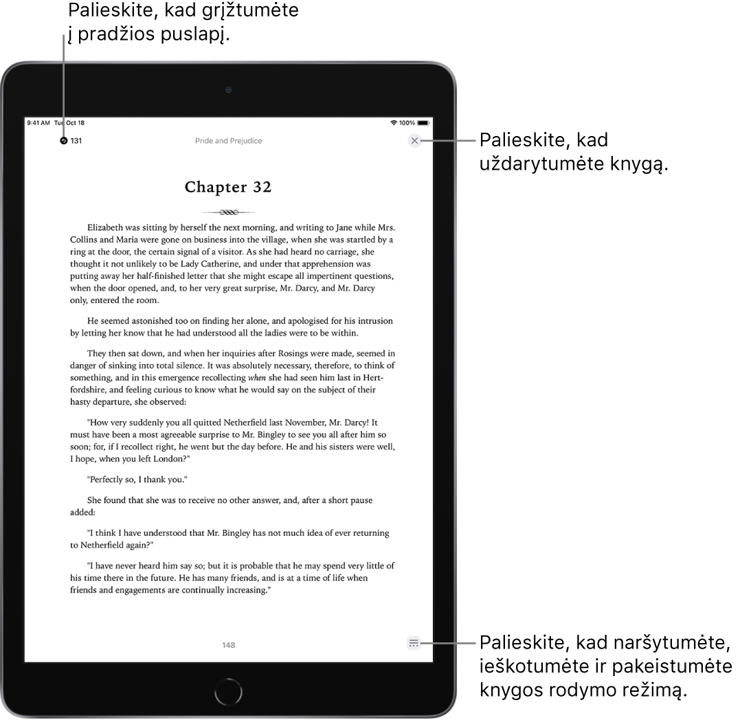 Programos „Books“ puslapis. Ekrano viršuje yra mygtukai, skirti grįžti į puslapį, nuo kurio pradėjote skaityti, ir užversti knygą. Ekrano apačioje dešinėje rodomas mygtukas „Meniu“.