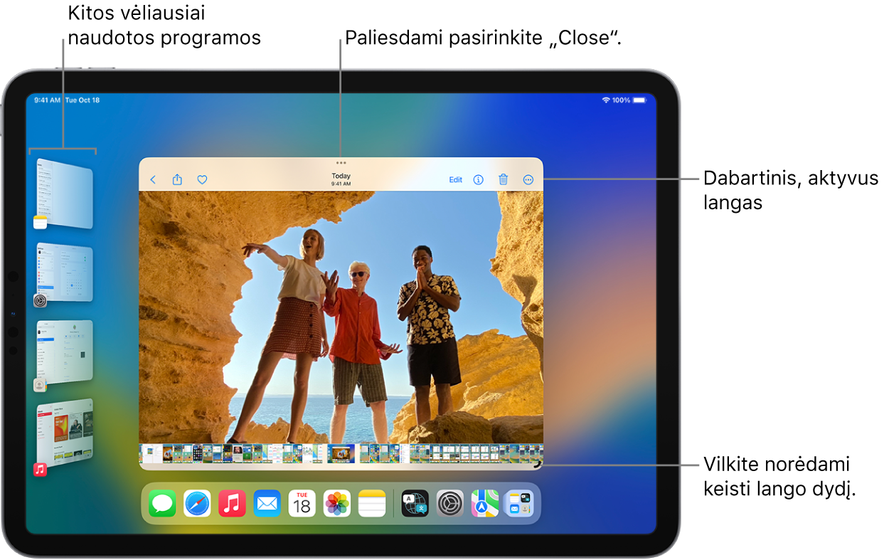 „iPad“ ekrane įjungta funkcija „Stage Manager“. Dabartinis langas yra ekrano centre su kelių užduočių atlikimo valdikliais viršuje ir dydžio keitimo valdikliu apatiniame dešiniajame kampe. Neseniai naudotos programos rodomos kairėje pusėje esančiame sąraše. „Dock“ programos rodomos ekrano apačioje.