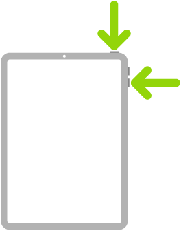 „iPad“ iliustracija, kurioje rodyklės rodo į viršutinį mygtuką ir garsumo mygtuką viršuje dešinėje.