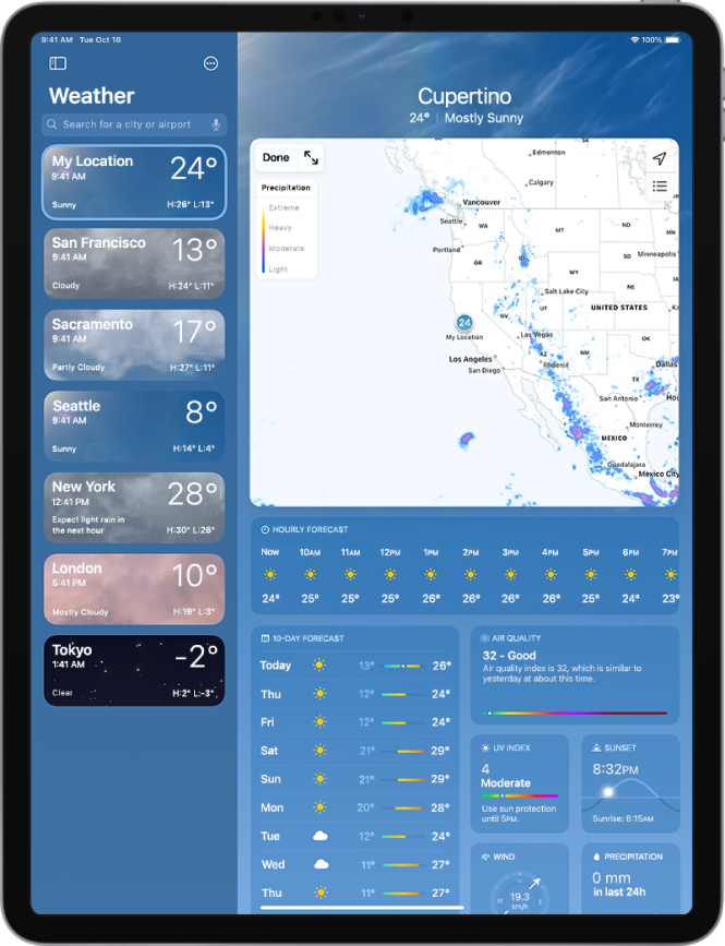 „Weather“ ekranas, kurio kairėje pusėje rodoma šoninė juosta Šoninėje juostoje yra miestų sąrašas, matosi laikas, dabartinė temperatūra, prognozė ir aukščiausia bei žemiausia temperatūra. Sąrašo viršuje pasirinkta „My Location“, o dešinėje ekrano pusėje yra tos vietos orų prognozė ir sąlygos.