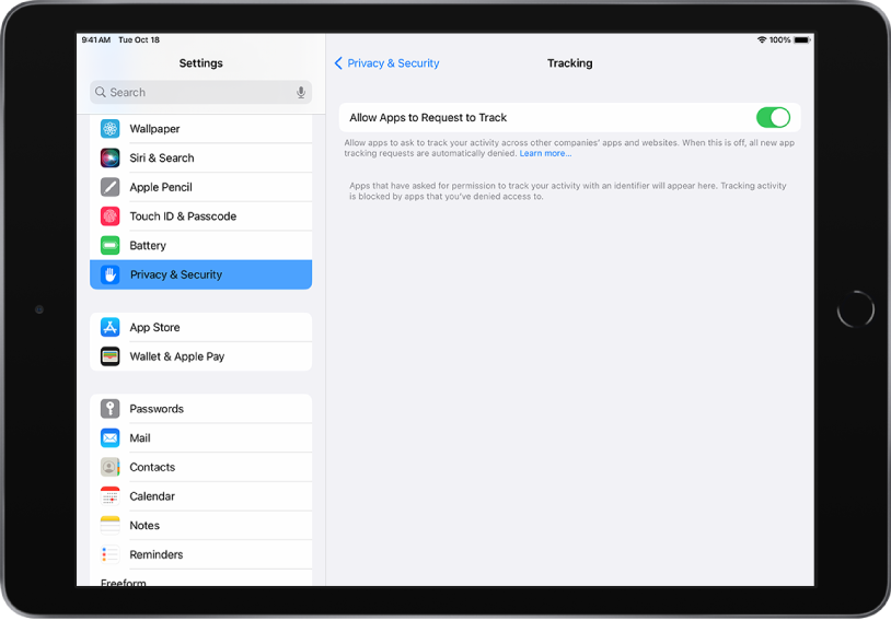 Ekranas „iPad Settings“. Kairėje ekrano pusėje yra šoninė juosta „Settings“, pasirinkta parinktis „Privacy & Security“. Dešinėje ekrano pusėje yra parinktis, leidžianti įjungti ir išjungti funkciją „Allow Apps to Request to Track“.