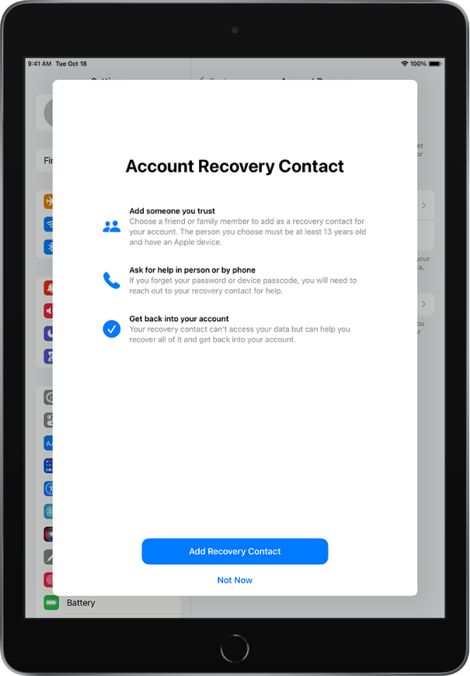 Ekranas „Account Recovery Contact“ su informacija apie funkciją. Mygtukas „Add Recovery Contact“ pateiktas apačioje.