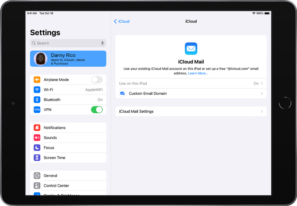 Programa „Settings“ atidaryta „iCloud Mail“ ekrane ir įjungta parinktis „Use on this iPad“. Žemiau yra „Custom Email Domain“ nustatymų ir „iCloud Mail“ nustatymų parinktys.