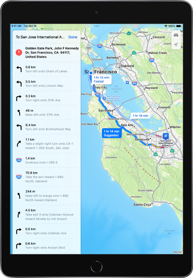 Nuoseklios maršruto nuorodos ir žemėlapis, rodantis du vairavimo maršrutus iš Golden Gate parko į San Chosė tarptautinį oro uostą. Pasirinktas siūlomas maršrutas.
