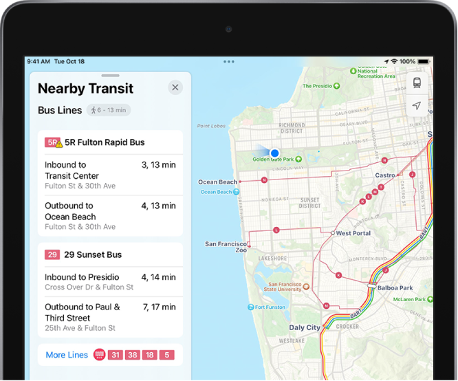 Žemėlapyje rodomi pagrindinės viešojo transporto linijos. Kairėje esančioje kortelėje „Nearby Transit“ rodomos keturios siūlomos linijos.