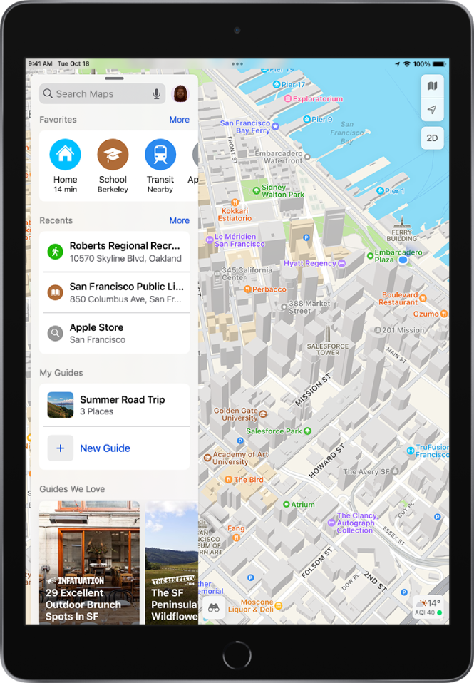 San Fransisko žemėlapis su žemiau paieškos lauko rodomomis keliomis mėgstamiausiomis vietomis: „Home“, „School“ ir „Transit“.