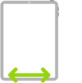 „iPad“ iliustracija. Dvi rodyklės su smaigaliais nurodo, kad reikia braukti pagal apatinį ekrano kraštą į kairę arba į dešinę.