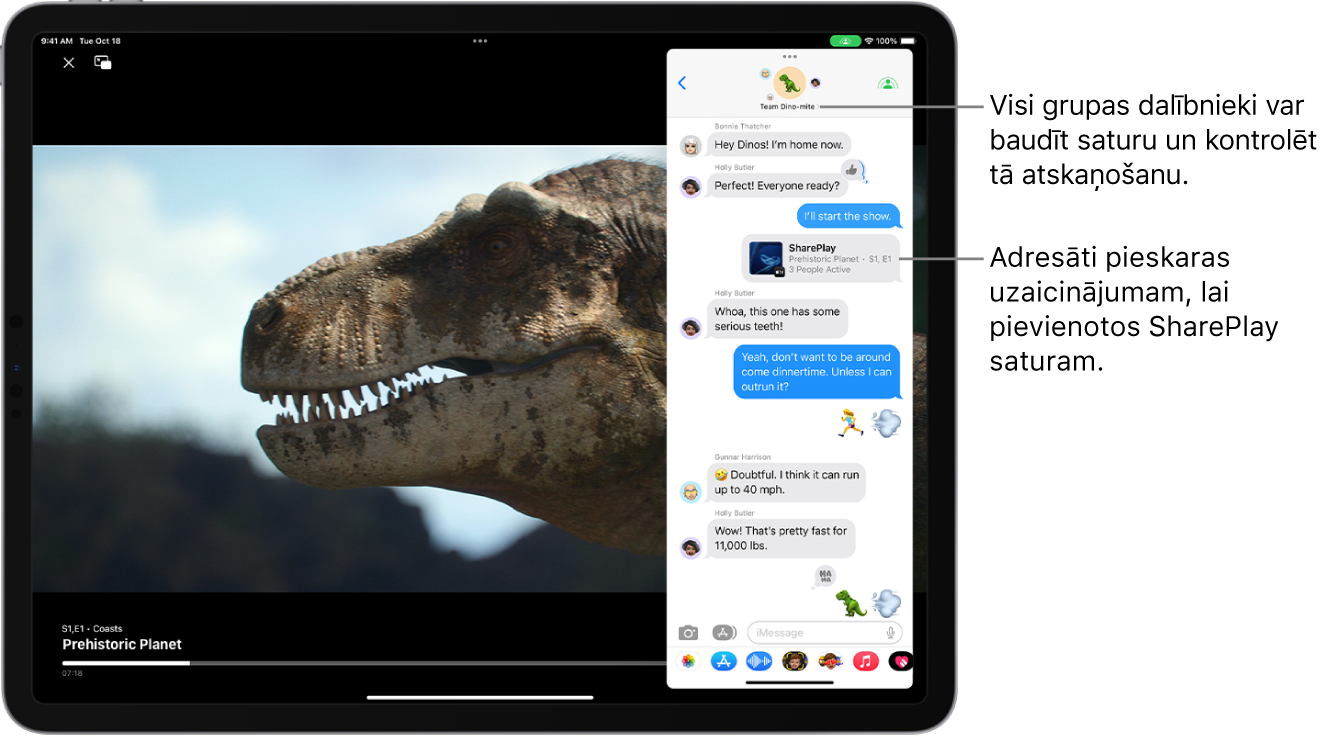 Video, kas tiek atskaņots iPad ierīces ekrānā. Virs video ir grupas Messages saruna, kas ietver SharePlay uzaicinājumu, lai jebkurš grupā varētu skatīties video un mijiedarboties ar to.