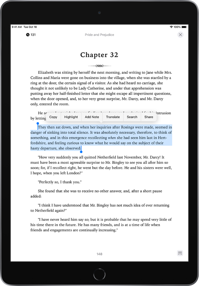 Grāmatas lappuses lietotnē Books, daļa lappuses teksta ir iezīmēta. Virs atlasītā teksta ir vadīklas Copy, Highlight un Add Note.