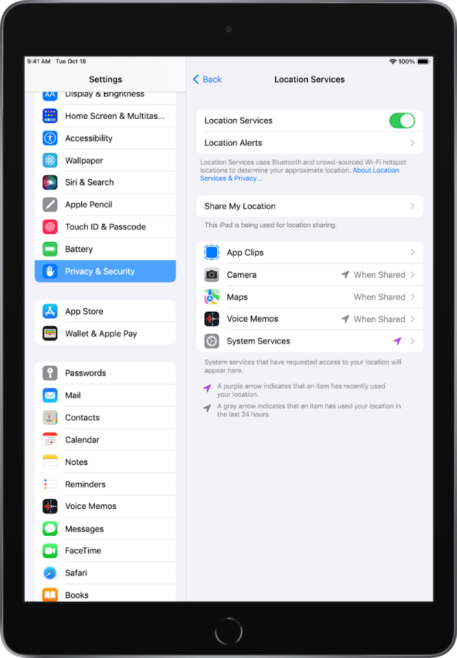 Location Services iestatījumi ar iestatījumiem Privacy & Security iestatījumos ar opcijām iPad ierīces atrašanās vietas kopīgošanai, tostarp pielāgotiem iestatījumiem atsevišķām lietotnēm.