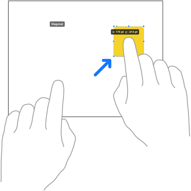 Attēls ar diviem rokas pirkstiem, kas pārvieto elementu taisnā līnijā lietotnē Freeform.