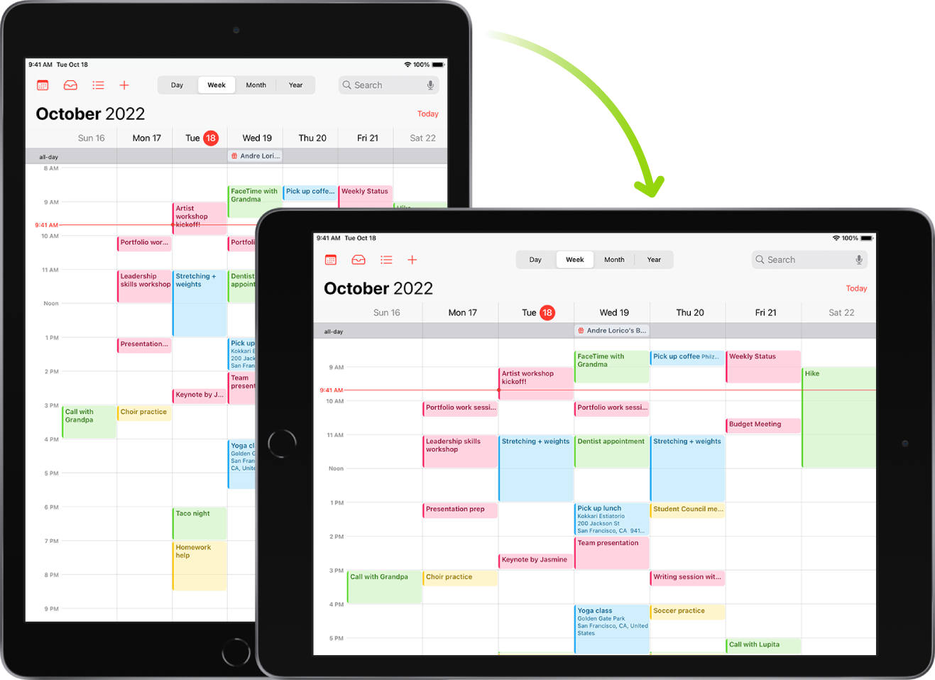 Aizmugurējā attēlā iPad ierīces ekrānā ir redzama lietotne Calendar portretorientācijā; priekšplānā iPad ierīce ir pagriezta un rāda lietotni Calendar ainavorientācijā.