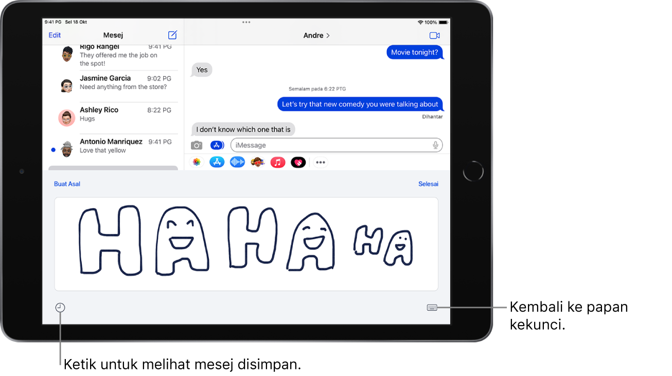 Kanvas untuk mengarang mesej tulisan tangan. Di sepanjang bahagian bawah, dari kiri ke kanan, ialah mesej disimpan dan butang Tunjukkan Papan Kekunci.
