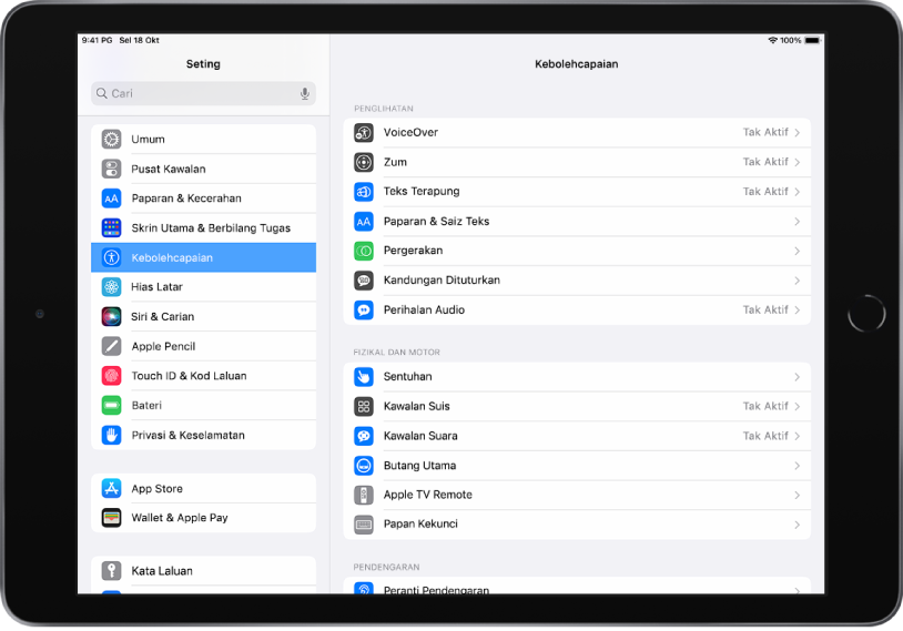 Skrin Seting iPad. Di sebelah kiri skrin ialah bar sisi Seting; Kebolehcapaian dipilih. Di sebelah kanan skrin ialah pilihan untuk menyesuaikan ciri Kebolehcapaian.