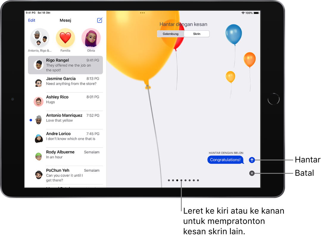Pratonton mesej menunjukkan kesan skrin penuh dengan belon.