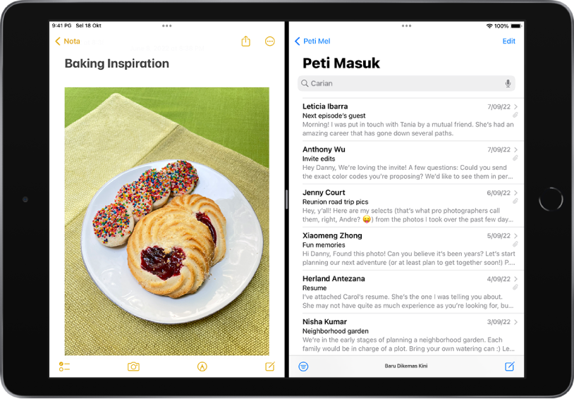 App Nota dibuka di sebelah kiri skrin dan app Mail dibuka di sebelah kanan. Di antara app ialah pemisah yang digunakan untuk mensaiz semula Split View.