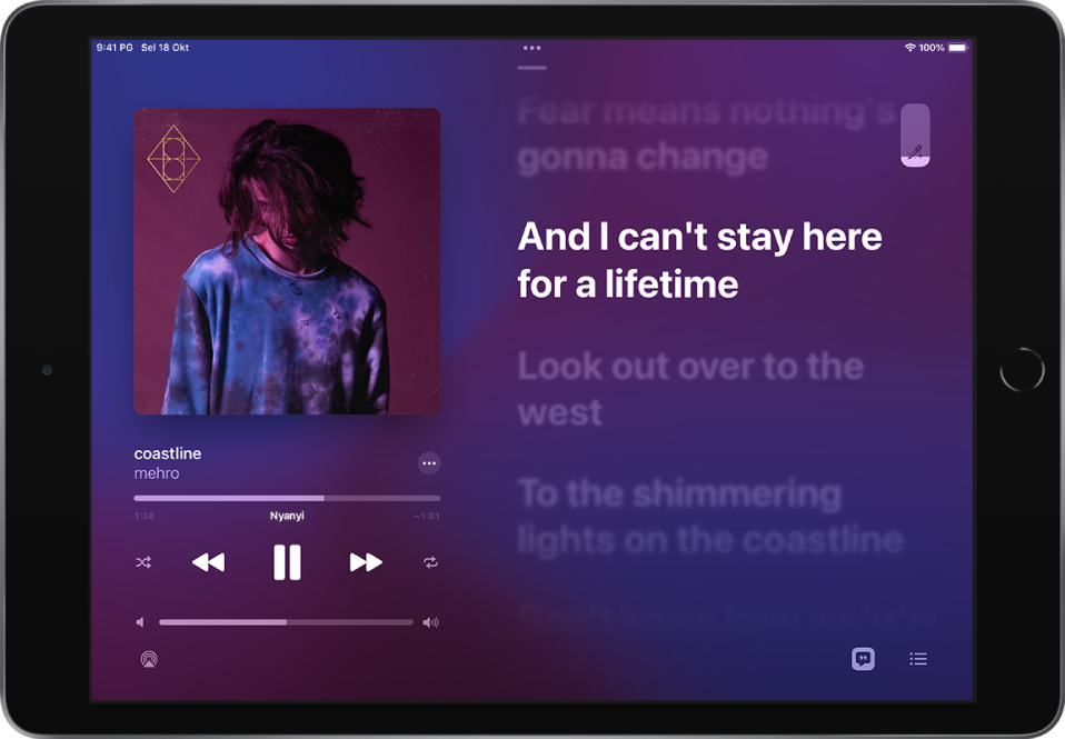 Skrin Kini Dimainkan menunjukkan gelangsar Apple Music Sing di bahagian kanan atas.