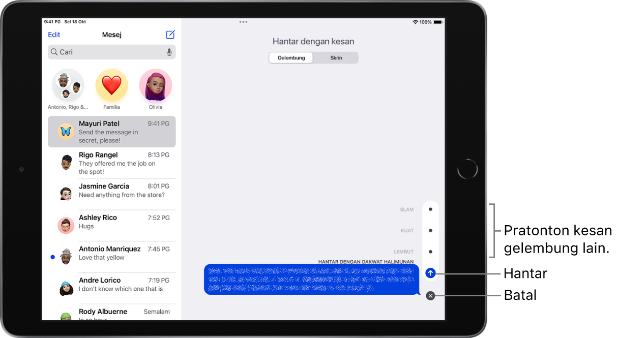 Pratonton mesej dengan kesan Dakwat Halimunan. Di sepanjang bahagian kanan, kawal tunjukkan pratonton kesan gelembung lain serta butang Hantar dan Batal.