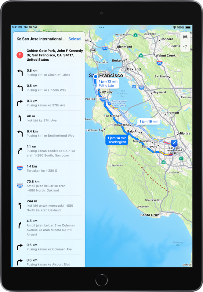 Arahan pusingan demi pusingan dan peta menunjukkan dua laluan memandu daripada Golden Gate Park ke San Jose International Airport. Laluan dicadangkan dipilih.