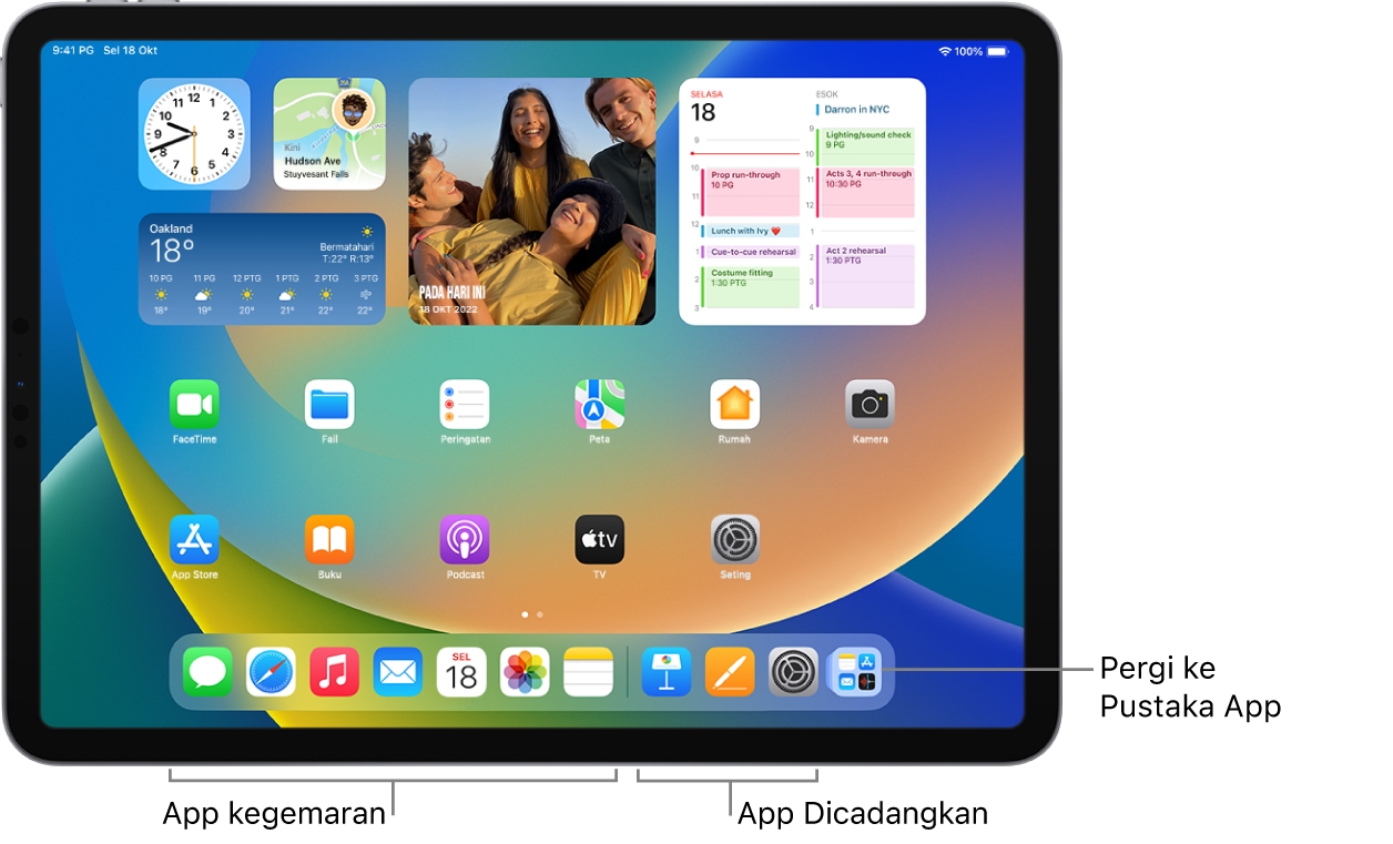 Skrin Utama dengan Dock menunjukkan tujuh app kegemaran di sebelah kiri dan tiga app yang dicadangkan di sebelah kanan. Ikon paling kanan dalam Dock membuka Pustaka App.