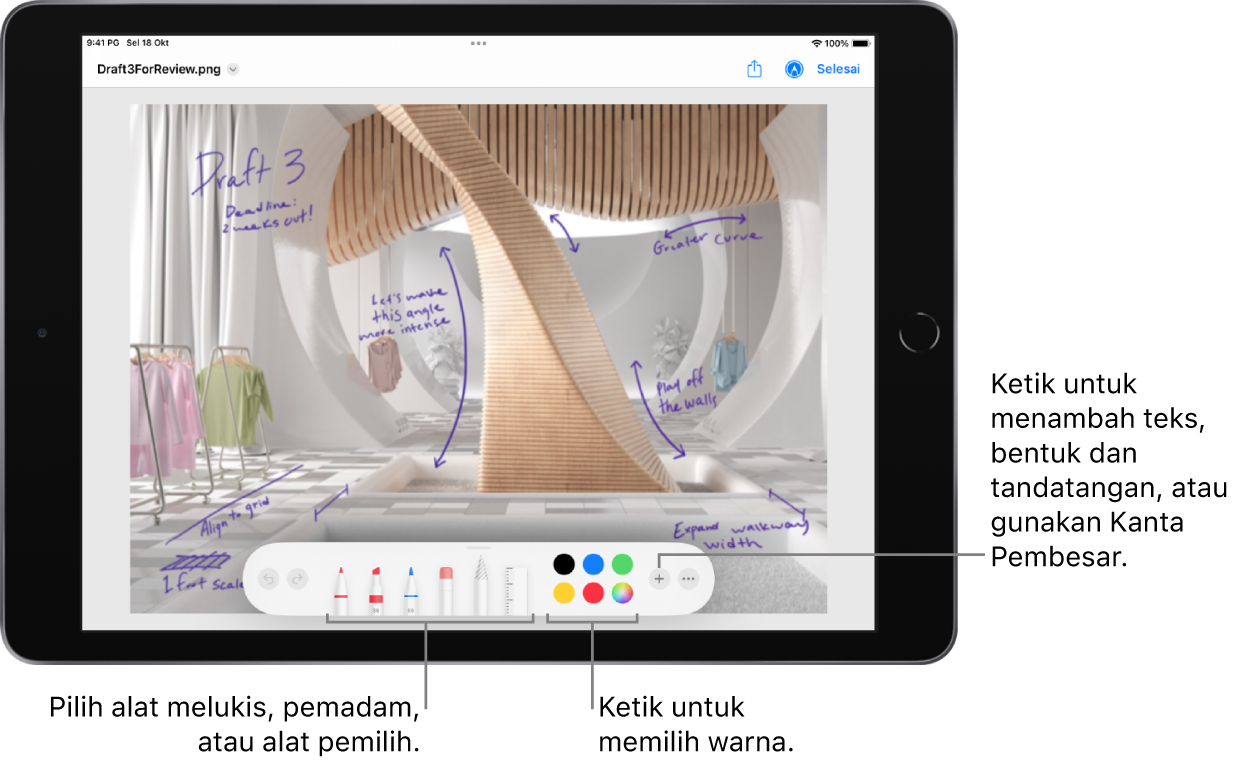 Imej dalam tetingkap Penanda. Di bawah imej, dari kiri ke kanan ialah butang untuk alat Penanda: pen lukis, pemadam, alat pilihan, warna, butang untuk menambah kotak teks, tandatangan anda dan bentuk, serta untuk memilih Kanta Pembesar.