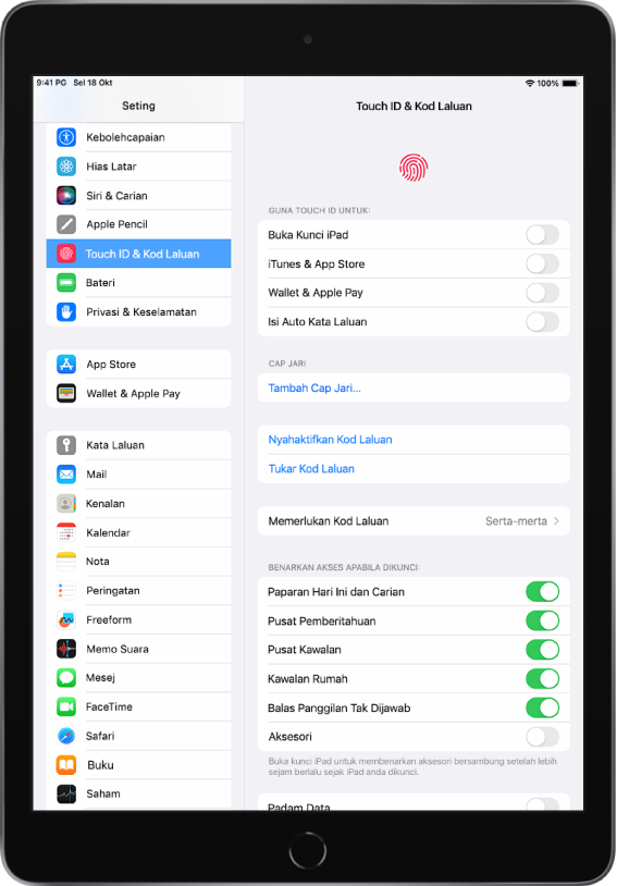 Bar sisi Seting di sebelah kiri skrin dan Touch ID & Kod Laluan dipilih. Di sebelah kanan skrin ialah pilihan untuk memilih ciri yang boleh dibuka kunci menggunakan Touch ID. Buka Kunci iPad, iTunes & App Store, Wallet & Apple Pay dan Isi Auto Kata Laluan semuanya dinyahaktifkan.