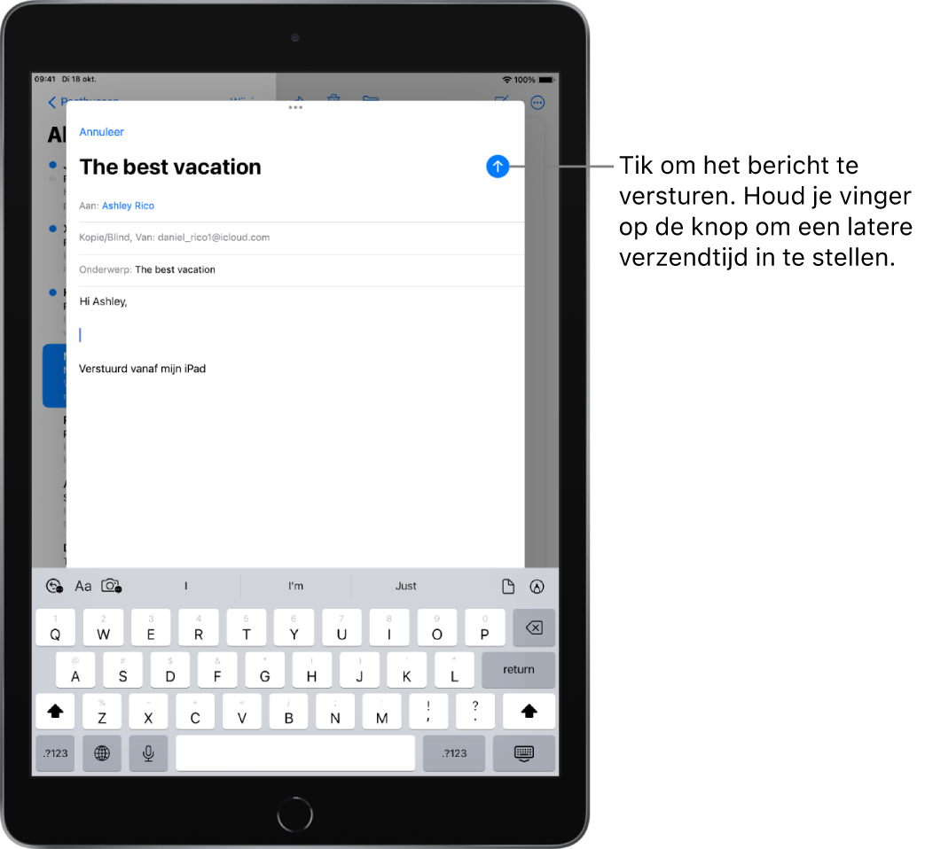 Een concept-e‑mail is geopend in de Mail-app. In de rechterbovenhoek staat de knop om het bericht te versturen. Tik erop om het bericht te versturen of houd je vinger erop om een latere verzendtijd in te stellen.