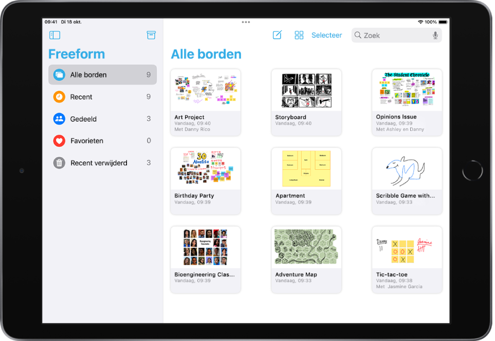 Freeform is geopend op een iPad. 'Alle borden' is geselecteerd in de navigatiekolom en aan de rechterkant staan negen bordminiaturen.