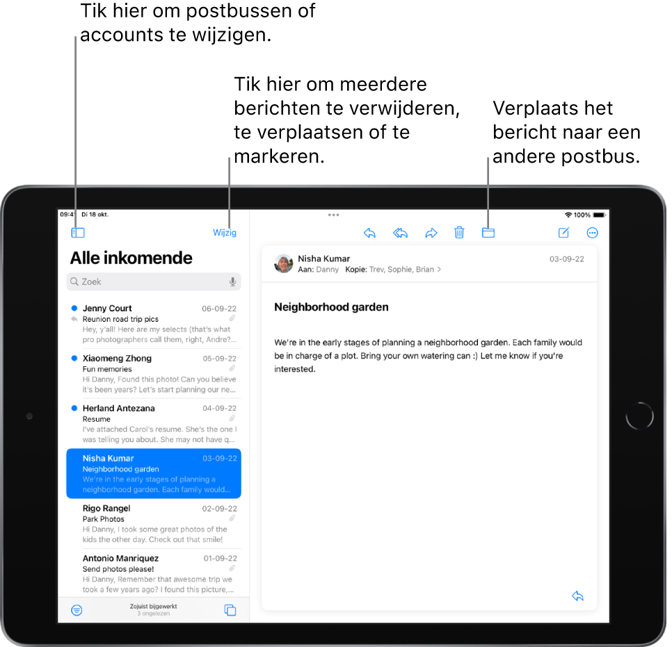 De postbus 'Inkomend' van Mail, met links een lijst met e‑mails en rechts een geopend bericht. Linksbovenin zie je de knop waarmee je naar een andere postbus kunt gaan. Aan de rechterkant staat de knop 'Wijzig' om meerdere berichten te verwijderen, te verplaatsen of te markeren. Rechts van het midden van de knoppenbalk staat de knop waarmee je het geopende bericht naar een andere postbus kunt verplaatsen.