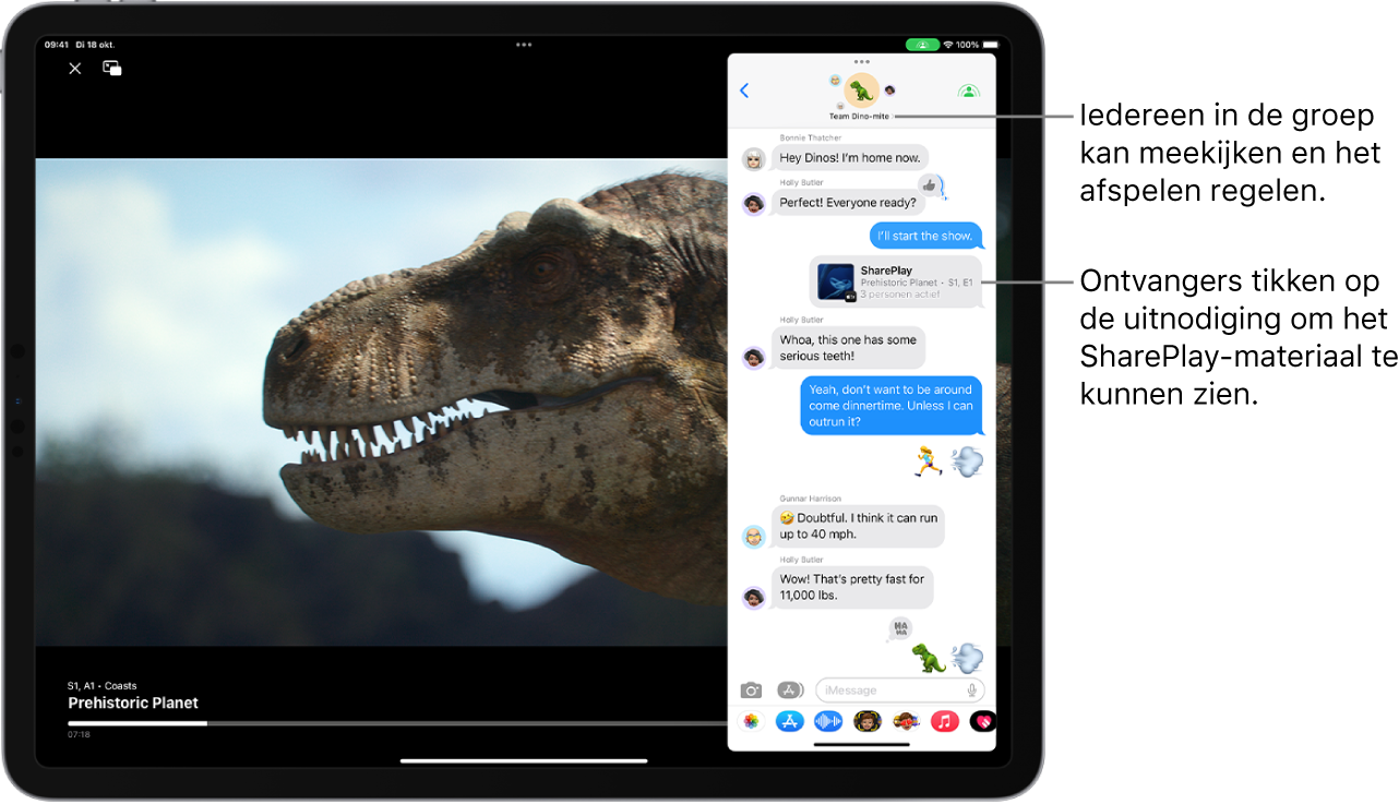 Een video die wordt afgespeeld op het iPad-scherm. Boven de video staat een groepsgesprek in Berichten met een SharePlay-uitnodiging, zodat iedereen in de groep de video kan bekijken en het afspelen ervan kan regelen.
