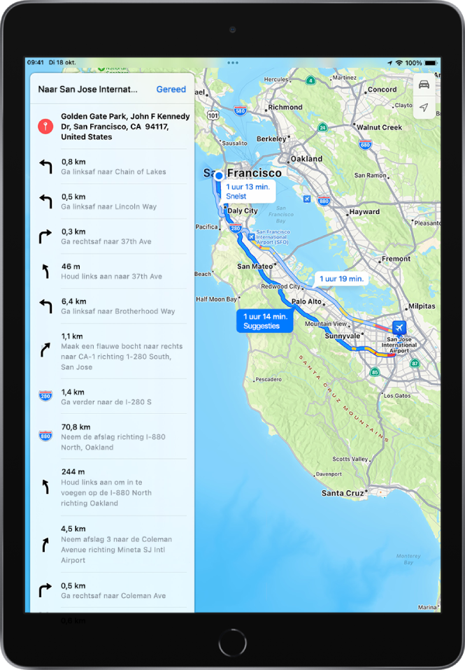 Een stapsgewijze routebeschrijving en een kaart met twee autoroutes van Golden Gate Park naar het San Jose International Airport. De voorgestelde route is geselecteerd.