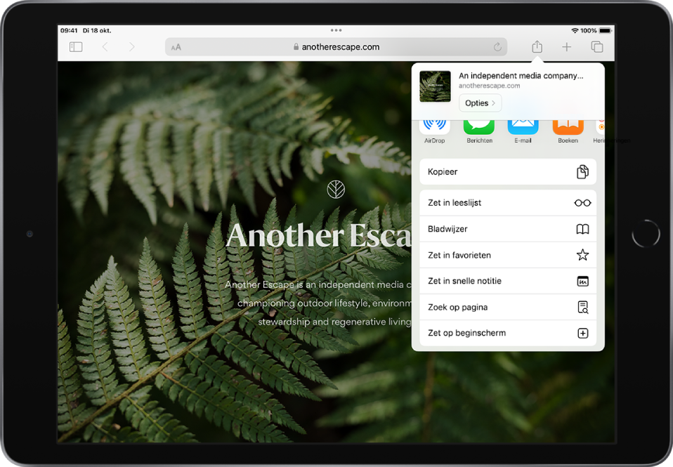 Een webpagina waarop het deelmenu geopend is. In het menu staan een aantal apps waarmee de website kan worden gedeeld en daaronder (van boven naar beneden) de volgende commando's: 'Kopieer', 'Zet in leeslijst', 'Voeg bladwijzer toe', 'Zet in favorieten', 'Zet in snelle notitie', 'Zoek op pagina' en 'Zet op beginscherm'.