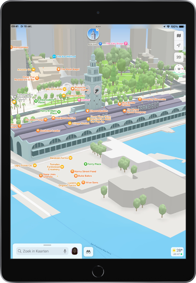 Een stratenplan in 3D met gebouwen, straten, een veerdienst, water, bomen en een park.