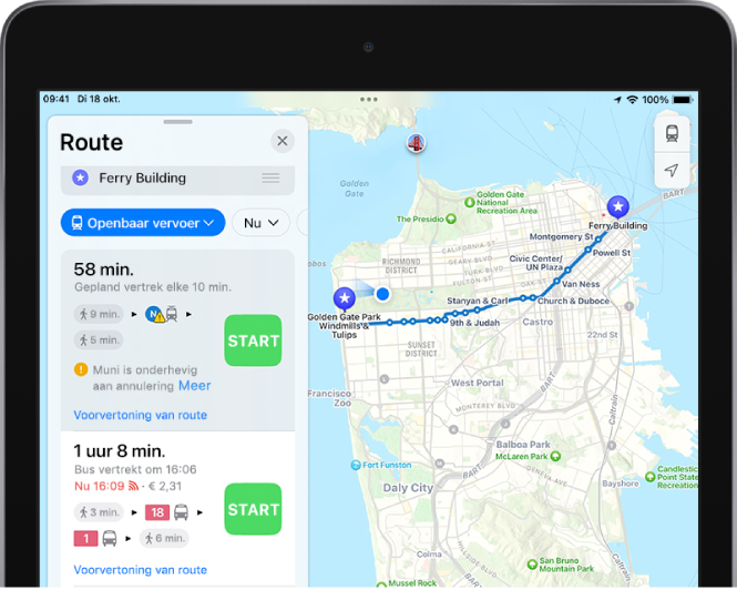 Een kaart met een ov-route. In een routekaart aan de linkerkant zie je Ga-knoppen voor diverse mogelijke routes.