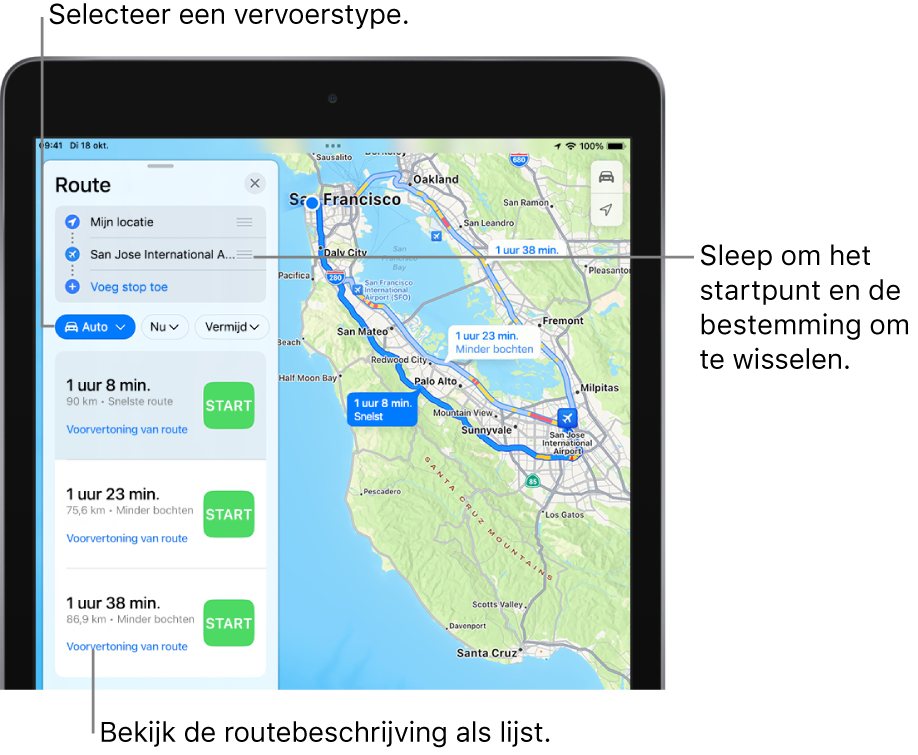 Een kaart met drie autoroutes van San Francisco naar het San Jose International Airport. De snelste route is geselecteerd.