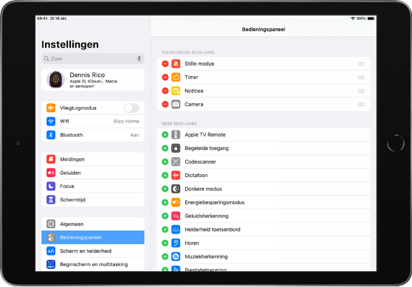 Het Instellingen-scherm van de iPad Aan de linkerkant van het scherm staat de navigatiekolom van Instellingen; 'Bedieningspaneel' is geselecteerd. Aan de rechterkant van het scherm staan de opties voor aanpassing van het bedieningspaneel.