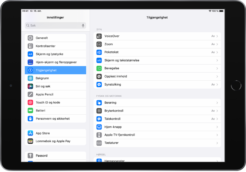 Innstillinger-skjermen på iPad. På venstre side av skjermen vises Innstillinger-sidepanelet. Tilgjengelighet er markert. På høyre side av skjermen vises valgene for å tilpasse Tilgjengelighet-funksjoner.