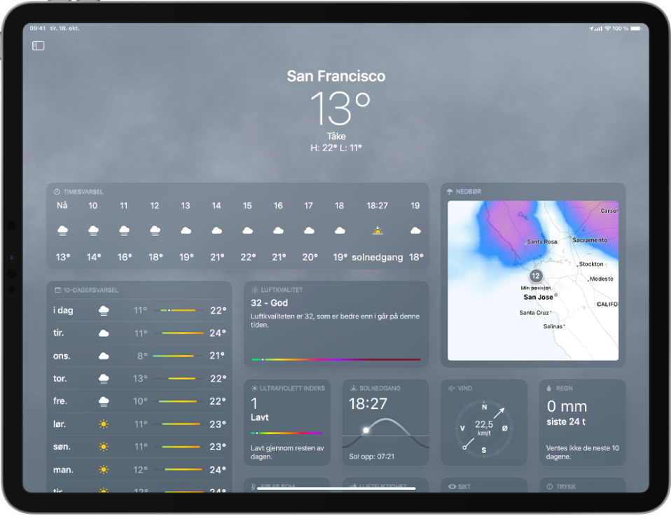 Været-skjermen i liggende retning. Informasjon om værmeldingen vises fra øverst til nederst inkludert stedet, gjeldende temperatur, tåke og dagens høyeste og laveste temperaturer. Under vises time for time-værvarsel, tidagersvarsel, luftkvalitetsskalaen og et kart som viser nedbøren i området. Nederst på skjermen vises UV-indeksen, solnedgang, vind og nedbørsmålinger.