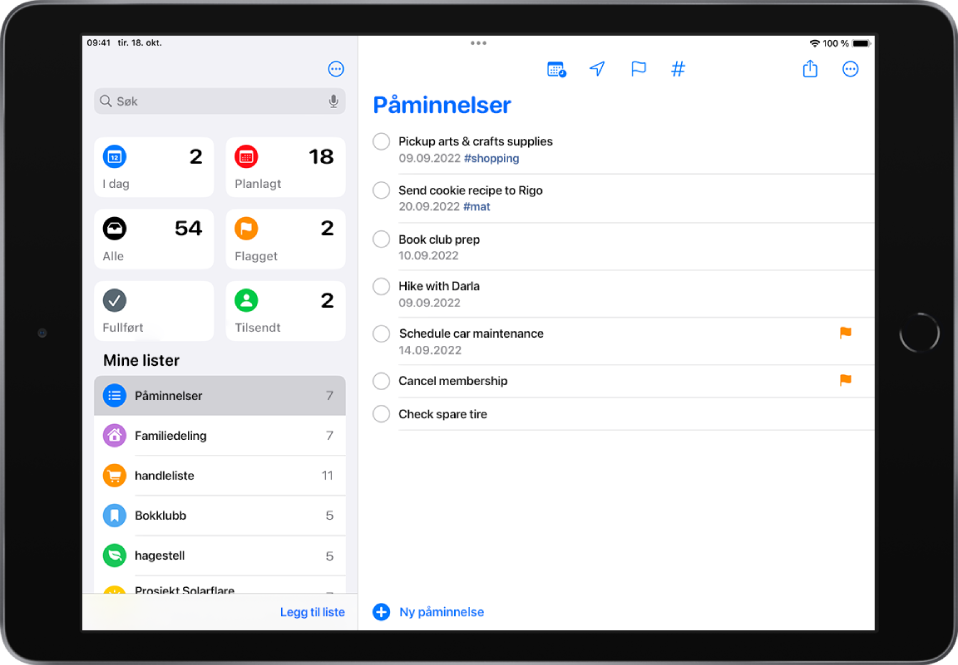 Et Påminnelser-skjermbilde som viser lister med påminnelser på venstre side og en huskeliste på høyre side. Ny påminnelse-knappen er plassert nederst i midten.